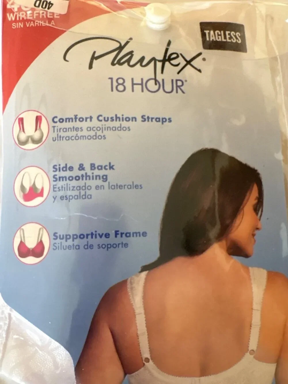 Playtex 18 Hour Wirefree Bra 40D White Comfort Cushion Straps Side & Back Smooth